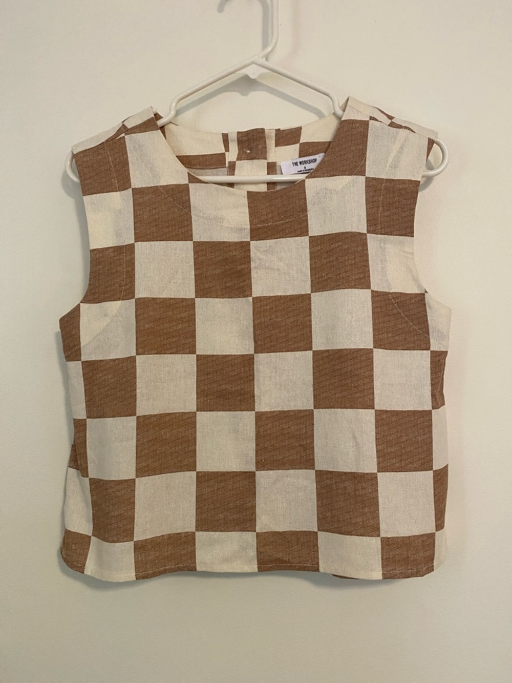 Workshop Checkered Linen Blend Tank Top with Back Buttons
